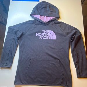 Girls North Face dark grey & lavender pullover hoodie.